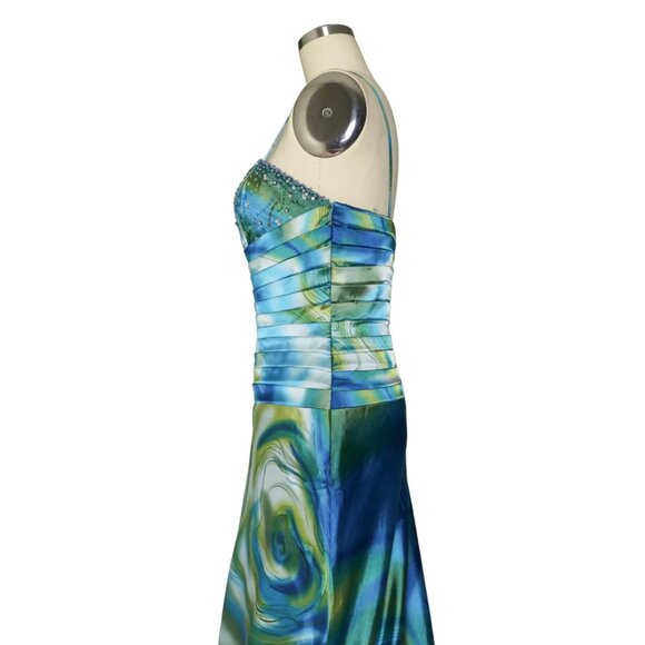 Vtg Abstract Aqua Swirl Print Satin Ruched Bodice Beaded Cocktail Dress - Picture 3 of 5